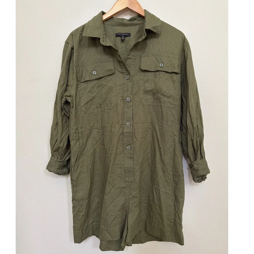 Banana Republic Olive Linen Utility Romper PetiteM Military Safari Capsule Chic⁠